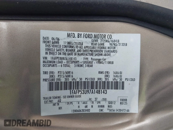 2007 Ford Taurus SE with VIN 1FAFP53U97A148143, listed as a IAAI auction lot 42233939 with 96,294 mi miles and . Bid and sale history available at DreamBid. Image 9.