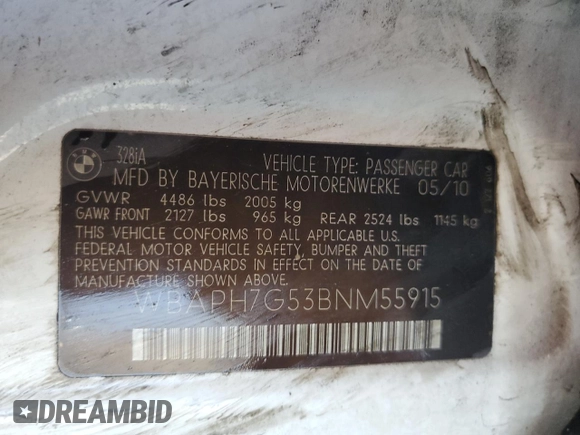 2011 BMW 3 Series 328i with VIN WBAPH7G53BNM55915, listed as a Copart auction lot 66205325 with 106,197 mi miles and Clean title. Bid and sale history available at DreamBid. Image 12.