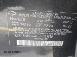 2019 Hyundai Sonata SE with VIN 5NPE24AF3KH759550, listed as a IAAI auction lot 42223661 with 49,158 mi miles and . Bid and sale history available at DreamBid. Image 9.