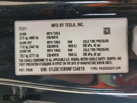 2022 Tesla Model 3 Long Range z VIN 5YJ3E1EB9NF134819, wystawiony jako Copart lot #49639365 z przebiegiem 49 245 mil mil oraz Szkoda całkowita • Salvage title. Historia ofert i sprzedaży dostępna na DreamBid. Obrazek 14.