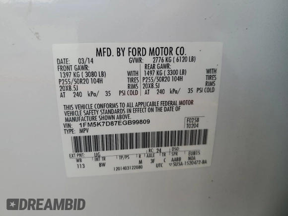 2014 Ford Explorer XLT with VIN 1FM5K7D87EGB99809, listed as a Copart auction lot 59761115 with 204,103 mi miles and Salvage title. Bid and sale history available at DreamBid. Image 14.