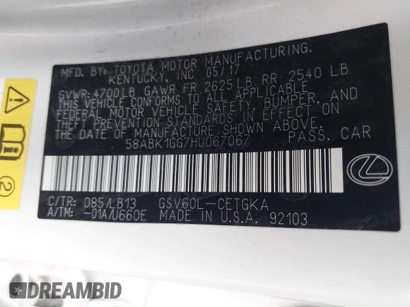 2017 Lexus ES 350 with VIN 58ABK1GG7HU067067, listed as a IAAI auction lot 42421113 with 100,537 mi miles and . Bid and sale history available at DreamBid. Image 9.