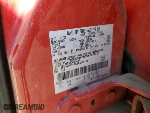 2006 Ford F-350 XL with VIN 1FTWW31P66ED51156, listed as a Copart auction lot 55965605 with Not Provided miles and Clean Title. Bid and sale history available at DreamBid. Image 13.