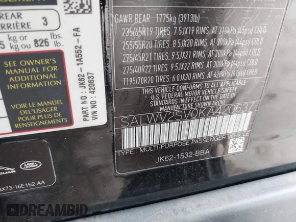 2019 Land Rover Range Rover Sport HSE Dynamic with VIN SALWV2SV0KA420637, listed as a IAAI auction lot 41484130 with 91,449 mi miles. Bid and sale history available at carsss.com. Image 9.