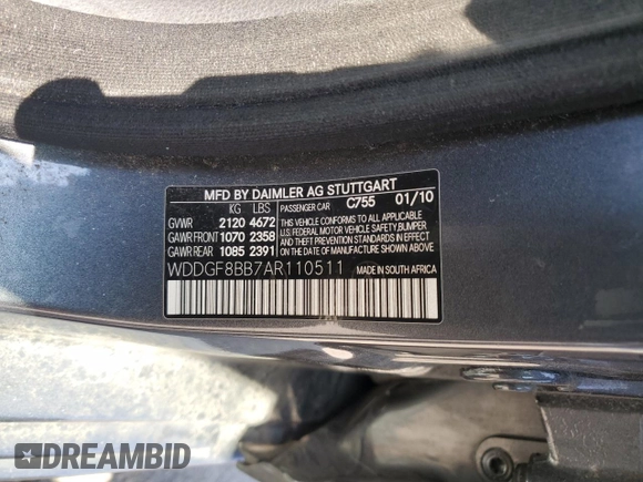 2010 Mercedes-Benz C 300 Sport with VIN WDDGF8BB7AR110511, listed as a Copart auction lot 54384285 with Not Provided miles and Salvage Title. Bid and sale history available at carsss.com. Image 12.