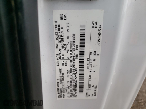 2019 Ford F-250 XL with VIN 1FT7X2BT6KEC77495, listed as a Copart auction lot 72969264 with 124,710 mi miles and Salvage title. Bid and sale history available at DreamBid. Image 12.