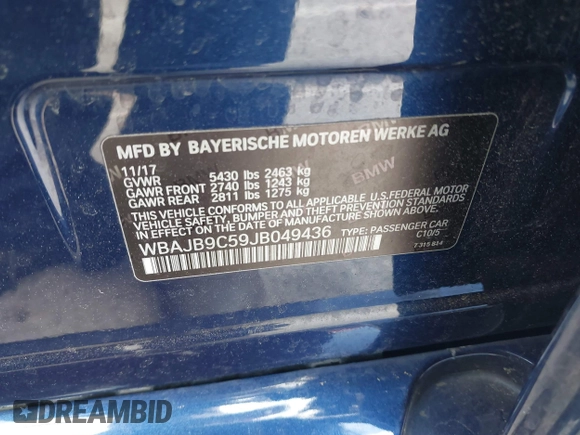 2018 BMW 5 Series M550i xDrive with VIN WBAJB9C59JB049436, listed as a IAAI auction lot 42126762 with 126,684 mi miles and . Bid and sale history available at DreamBid. Image 9.