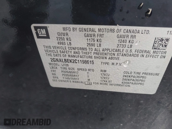 2012 Chevrolet Equinox LS with VIN 2GNALBEK2C1198615, listed as a IAAI auction lot 41129615 with 147,123 mi miles and . Bid and sale history available at DreamBid. Image 9.