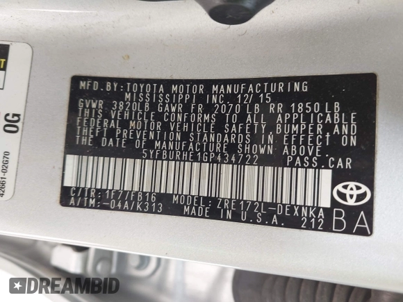 2016 Toyota Corolla L with VIN 5YFBURHE1GP434722, listed as a IAAI auction lot 42676722 with 116,982 mi miles and . Bid and sale history available at DreamBid. Image 9.