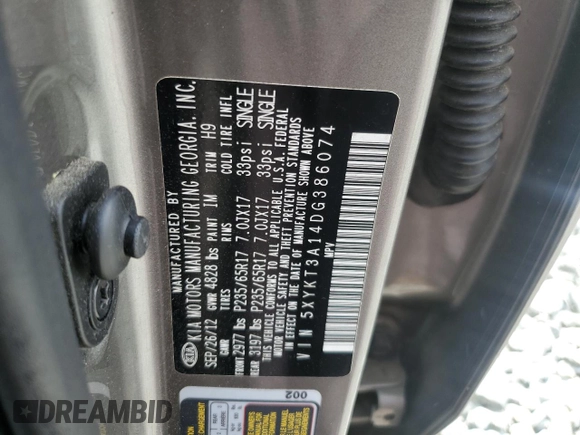 2013 Kia Sorento LX with VIN 5XYKT3A14DG386074, listed as a Copart auction lot 59879935 with 163,427 mi miles and Salvage title. Bid and sale history available at DreamBid. Image 13.