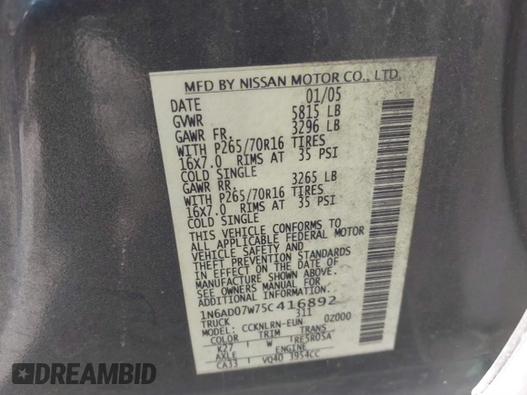 2005 Nissan Frontier LE with VIN 1N6AD07W75C416892, listed as a IAAI auction lot 41833258 with 174,948 mi miles and . Bid and sale history available at DreamBid. Image 9.