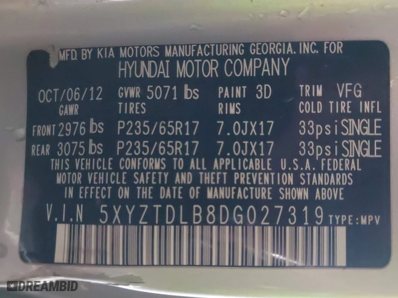 2013 Hyundai Santa Fe Sport with VIN 5XYZTDLB8DG027319, listed as a IAAI auction lot 41240809 with 1 mi miles. Bid and sale history available at carsss.com. Image 9.