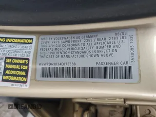 2004 Volkswagen Passat GLS z VIN WVWPD63B34E075688, wystawiony jako Copart lot #56297475 z przebiegiem 135 684 mil mil oraz Szkoda całkowita • Salvage title. Historia ofert i sprzedaży dostępna na DreamBid. Obrazek 12.