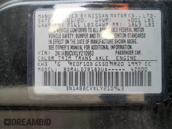 2020 Nissan Sentra SV with VIN 3N1AB8CVXLY210963, listed as a Copart auction lot 52528685 with 69,403 mi miles and Salvage Title. Bid and sale history available at DreamBid. Image 14.