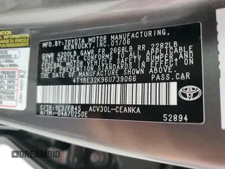2006 Toyota Camry STD with VIN 4T1BE32K96U739066, listed as a Copart auction lot 59822965 with Not provided miles and Salvage title. Bid and sale history available at DreamBid. Image 12.