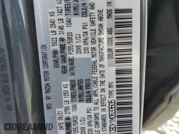 2021 Mazda CX-9 Carbon Edition with VIN JM3TCBDY1M0533505, listed as a Copart auction lot 85442914 with 30,414 mi miles and Salvage title. Bid and sale history available at DreamBid. Image 13.