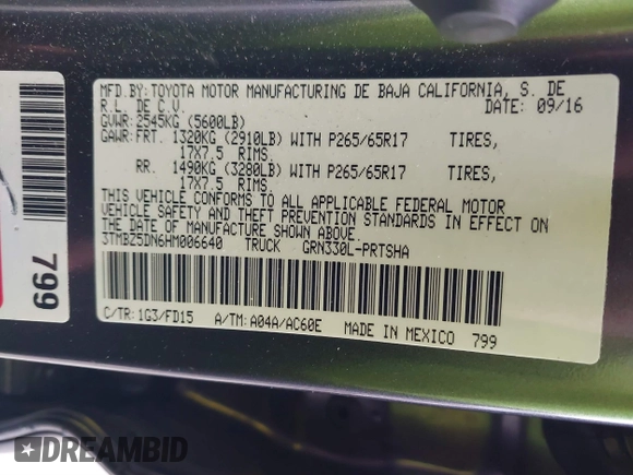 2017 Toyota Tacoma SR5 with VIN 3TMBZ5DN6HM006640, listed as a IAAI auction lot 41330924 with 173,593 mi miles and . Bid and sale history available at DreamBid. Image 9.