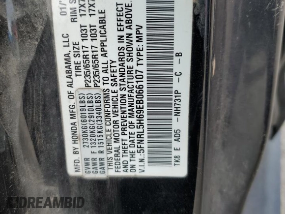 2014 Honda Odyssey EX-L with VIN 5FNRL5H69EB066107, listed as a Copart auction lot 57449255 with 172,833 mi miles and Clean title. Bid and sale history available at DreamBid. Image 13.