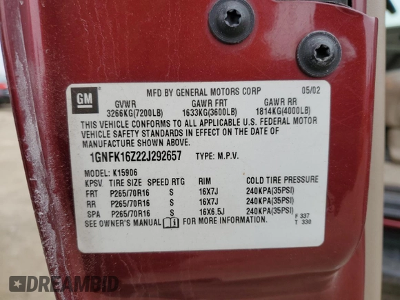 2002 Chevrolet Suburban LT with VIN 1GNFK16Z22J292657, listed as a Copart auction lot 85490564 with 213,641 mi miles and Salvage Title. Bid and sale history available at carsss.com. Image 13.