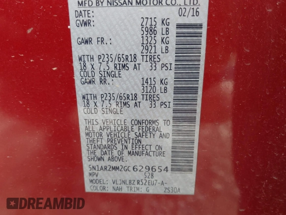 2016 Nissan Pathfinder SV with VIN 5N1AR2MM2GC629654, listed as a IAAI auction lot 42170119 with 121,000 mi miles and . Bid and sale history available at DreamBid. Image 9.