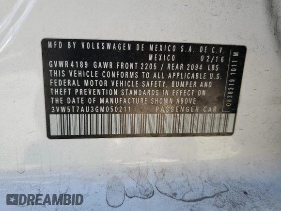 2016 Volkswagen Golf GTI SE with VIN 3VW5T7AU3GM050211, listed as a Copart auction lot 41888535 with 52,784 mi miles and Salvage Title. Bid and sale history available at carsss.com. Image 12.
