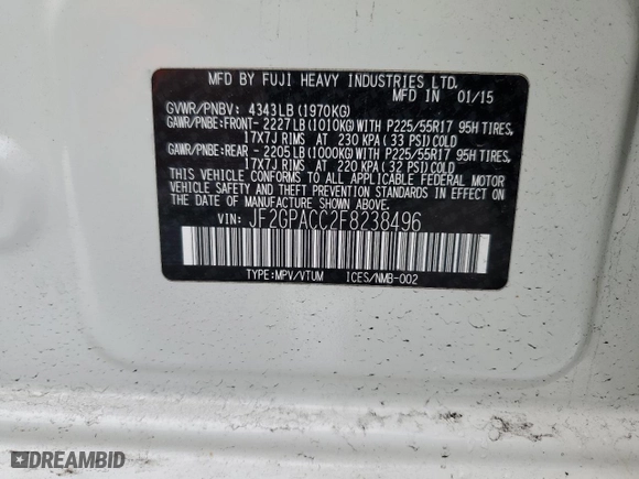 2015 Subaru XV Crosstrek Premium with VIN JF2GPACC2F8238496, listed as a Copart auction lot 73324862 with 120,396 mi miles. Bid and sale history available at carsss.com. Image 13.
