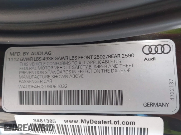 2013 Audi A6 Premium Plus с VIN WAUDFAFC2DN081032, выставлен на аукционе IAAI как лот 42212563 с пробегом 131 601 миль миль и . История ставок и продаж доступна на DreamBid. Изображение 9.