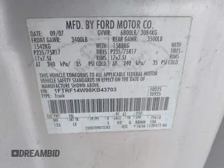 2008 Ford F-150 XL with VIN 1FTRF14W98KB43703, listed as a IAAI auction lot 41653524 with 166,253 mi miles. Bid and sale history available at carsss.com. Image 9.