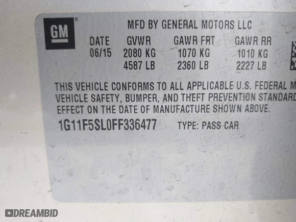 2015 Chevrolet Malibu LTZ with VIN 1G11F5SL0FF336477, listed as a IAAI auction lot 41844225 with 121,384 mi miles. Bid and sale history available at carsss.com. Image 9.