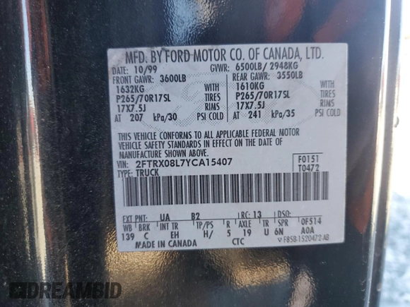 2000 Ford F-150 XL with VIN 2FTRX08L7YCA15407, listed as a Copart auction lot 86387684 with Not provided miles and Salvage title. Bid and sale history available at DreamBid. Image 13.