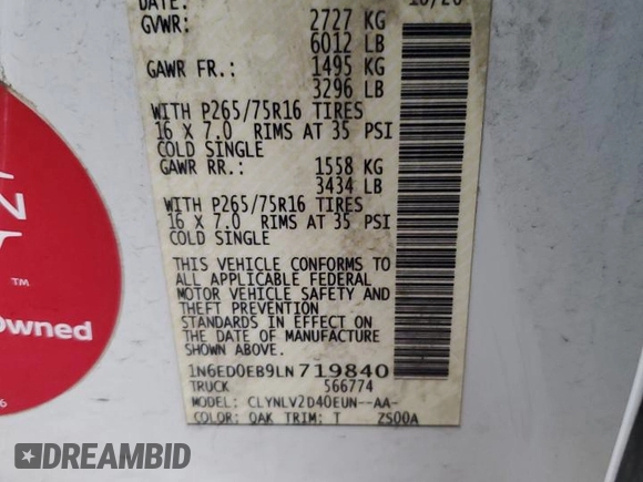 2020 Nissan Frontier SV with VIN 1N6ED0EB9LN719840, listed as a Copart auction lot 55984705 with 68,177 mi miles and Salvage title. Bid and sale history available at DreamBid. Image 12.