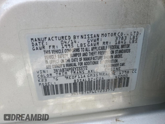 2014 Nissan Sentra SV z VIN 3N1AB7AP6EY233772, wystawiony jako Copart lot #55516645 z przebiegiem 169 623 mil mil oraz Szkoda całkowita • Salvage title. Historia ofert i sprzedaży dostępna na DreamBid. Obrazek 12.