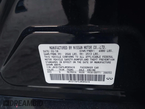 2018 Infiniti Q50 3.0t LUXE with VIN JN1EV7AP0JM365416, listed as a IAAI auction lot 41293065 with 65,339 mi miles. Bid and sale history available at carsss.com. Image 9.