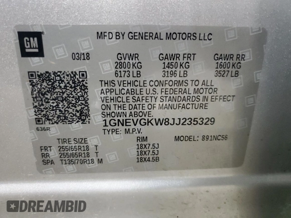 2018 Chevrolet Traverse LT Cloth with VIN 1GNEVGKW8JJ235329, listed as a Copart auction lot 47743465 with 128,779 mi miles and Salvage Title. Bid and sale history available at DreamBid. Image 16.