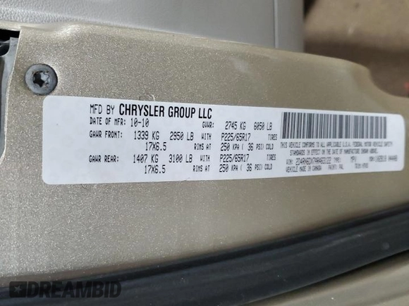 2010 Dodge Grand Caravan Crew with VIN 2D4RN6DX7AR463122, listed as a Copart auction lot 48768635 with 102,497 mi miles and Salvage Title. Bid and sale history available at DreamBid. Image 13.