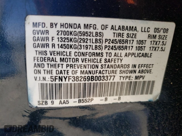 2009 Honda Pilot LX z VIN 5FNYF38269B003377, wystawiony jako Copart lot #47388254 z przebiegiem 177 305 mil mil oraz Nie do naprawy • Non repairable. Historia ofert i sprzedaży dostępna na DreamBid. Obrazek 14.