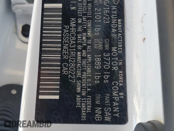 2024 Hyundai Venue SEL with VIN KMHRC8A31RU280227, listed as a Copart auction lot 48854665 with 28,050 mi miles and Salvage Title. Bid and sale history available at DreamBid. Image 12.