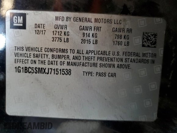 2018 Chevrolet Cruze LS with VIN 1G1BC5SMXJ7151538, listed as a Copart auction lot 53857445 with 113,490 mi miles and Salvage Title. Bid and sale history available at DreamBid. Image 12.