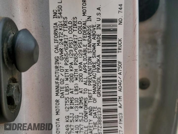 2007 Toyota Tacoma with VIN 5TEMU52N87Z388133, listed as a Copart auction lot 59040185 with 148,685 mi miles and Salvage title. Bid and sale history available at DreamBid. Image 13.
