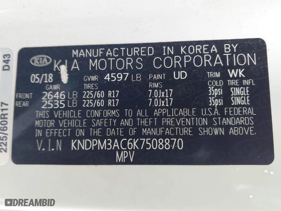 2019 Kia Sportage LX with VIN KNDPM3AC6K7508870, listed as a IAAI auction lot 41808770 with 104,141 mi miles. Bid and sale history available at carsss.com. Image 9.