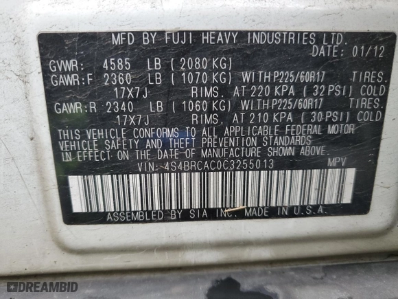 2012 Subaru Outback 2.5i with VIN 4S4BRCAC0C3255013, listed as a Copart auction lot 46484695 with 124,371 mi miles and Salvage Title. Bid and sale history available at carsss.com. Image 12.