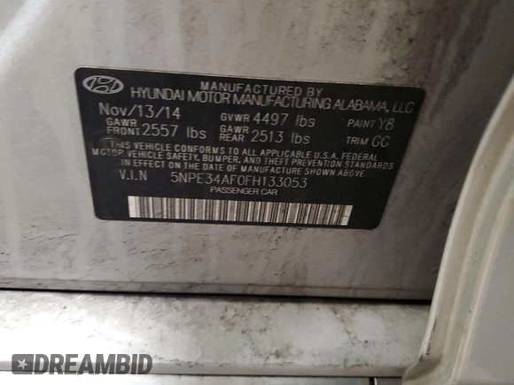 2015 Hyundai Sonata Sport with VIN 5NPE34AF0FH133053, listed as a Copart auction lot 55955845 with 103,767 mi miles and Salvage title. Bid and sale history available at DreamBid. Image 12.