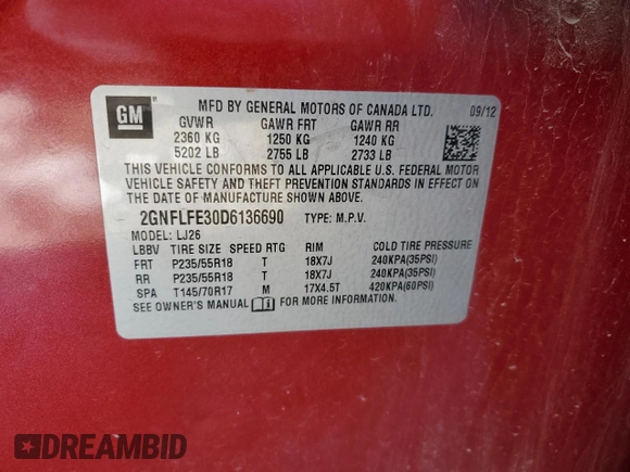 2013 Chevrolet Equinox LTZ with VIN 2GNFLFE30D6136690, listed as a Copart auction lot 41534555 with 0 mi miles and Salvage Title. Bid and sale history available at carsss.com. Image 13.