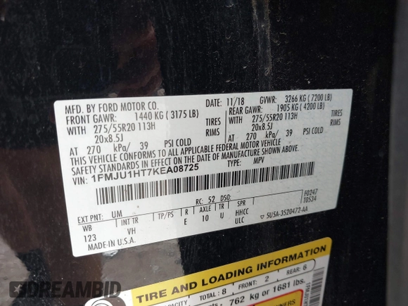 2019 Ford Expedition XLT с VIN 1FMJU1HT7KEA08725, выставлен на аукционе IAAI как лот 42658434 с пробегом 182 479 миль миль и . История ставок и продаж доступна на DreamBid. Изображение 9.