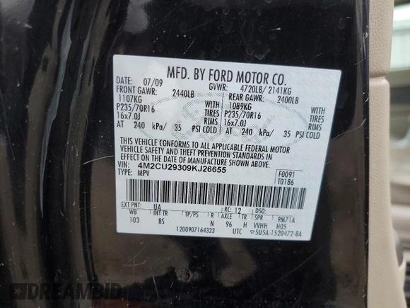 2009 Mercury Mariner Hybrid с VIN 4M2CU29309KJ26655, выставлен на аукционе Copart как лот 47494255 с пробегом 192 585 миль миль и Списание • Salvage title. История ставок и продаж доступна на DreamBid. Изображение 15.