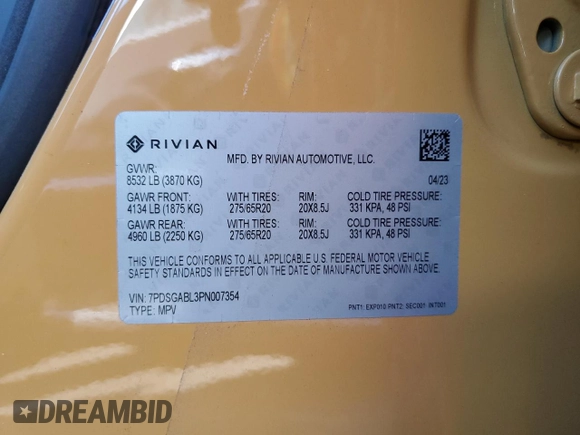 2023 Rivian R1S Launch Edition with VIN 7PDSGABL3PN007354, listed as a Copart auction lot 87954795 with 13,158 mi miles and Salvage Title. Bid and sale history available at carsss.com. Image 16.
