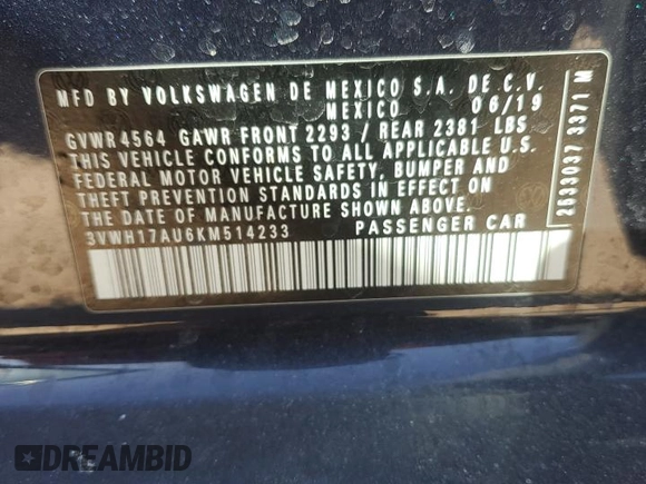 2019 Volkswagen Golf S z VIN 3VWH17AU6KM514233, wystawiony jako Copart lot #47177175 z przebiegiem 62 300 mil mil oraz Szkoda całkowita • Salvage title. Historia ofert i sprzedaży dostępna na DreamBid. Obrazek 15.