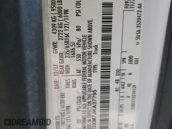 2018 Ford Transit с VIN 1FTBW3XM7JKA37795, выставлен на аукционе Copart как лот 62366315 с пробегом 234 010 миль миль и Чистый • Clean title. История ставок и продаж доступна на DreamBid. Изображение 13.