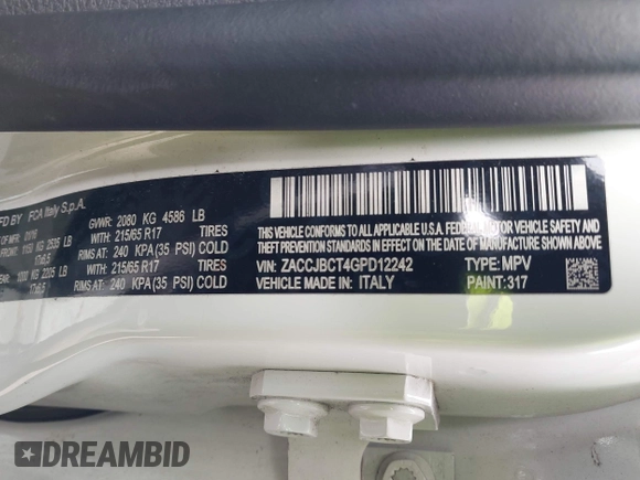 2016 Jeep Renegade Trailhawk with VIN ZACCJBCT4GPD12242, listed as a IAAI auction lot 42035366 with 112,429 mi miles and . Bid and sale history available at DreamBid. Image 9.