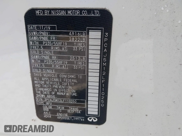 2020 Infiniti QX50 Essential with VIN 3PCAJ5M12LF110250, listed as a IAAI auction lot 41445252 with 48,963 mi miles and . Bid and sale history available at DreamBid. Image 9.